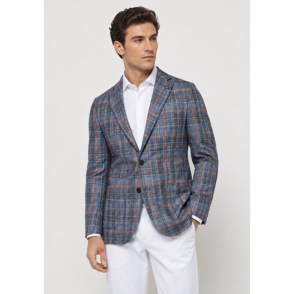 Spada Roma Blazer Mens IT54R US 44R Blue Linen Blend Sport Jacket Plaid
